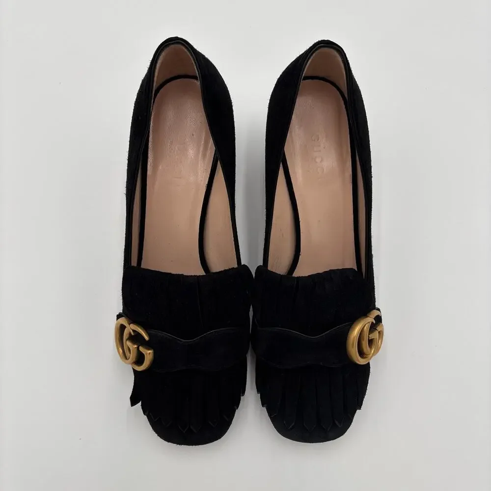 Gucci Marmont GG Fringe Kiltie Block Mid Heel Loafer Pumps Black Suede Size 37 - Picture 14 of 15